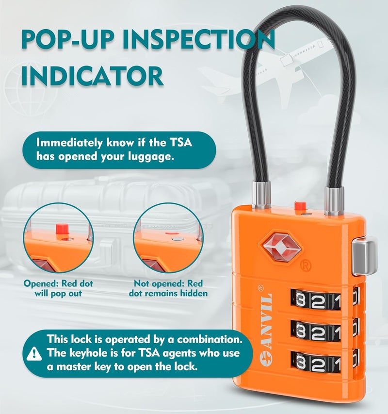 Anvil TSA Approved Luggage Locks – High Security TSA008 Combination Travel Locks with Inspection Indicator for Suitcases and Backpacks. (2, Orange) - Image 3